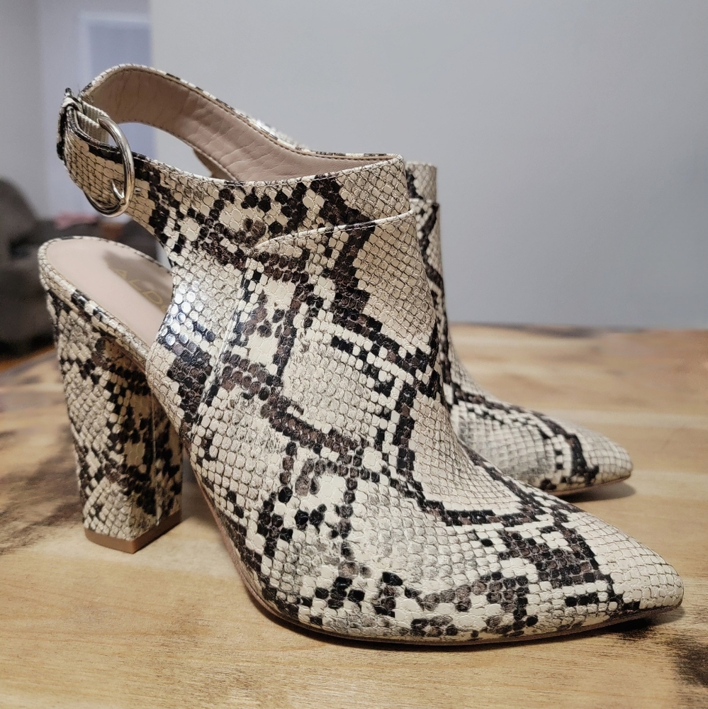 Aldo Snakeskin Print Buckle Chunky Heeled Slingback